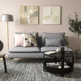 Sofá gris SÖDERHAMN con almofadas, arte, planta, alfombra escura