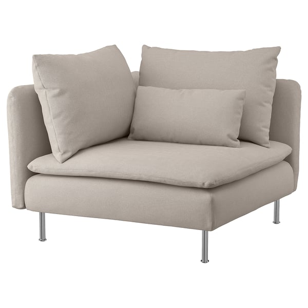 Sofá gris SÖDERHAMN, cadeira de esquina moderna con tecido de patróns, coxíns suaves, pernas cromatas.