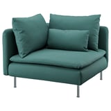 Cadeira de verde azul Soderhamn: acolledora, texturizada, pernas metálicas, respaldo curvo, asentos profundos.