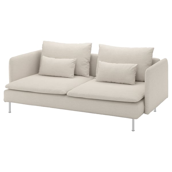 Un sofá SÖDERHAMN beige con liñas limpas e coxíns de peluche. É moderno e cómodo, cunha cuberta extraíble lavable na máquina.