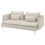 Un sofá SÖDERHAMN beige con liñas limpas e coxíns de peluche. É moderno e cómodo, cunha cuberta extraíble lavable na máquina.