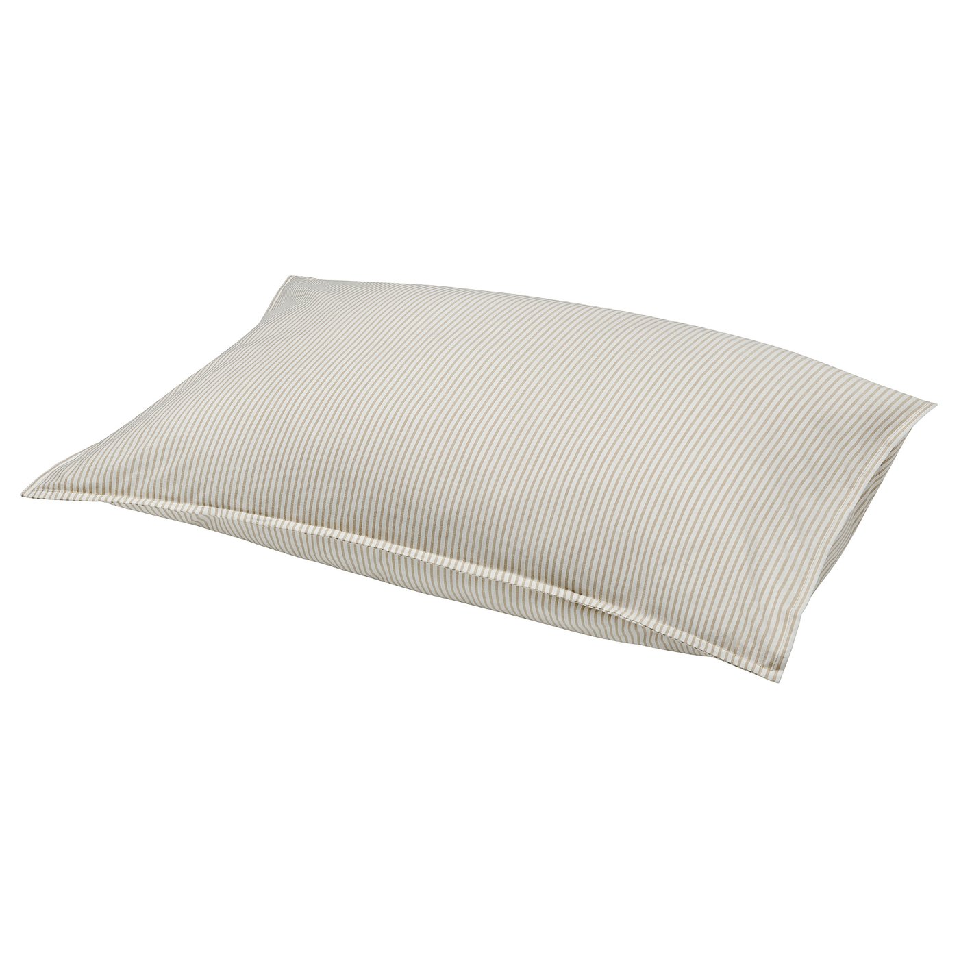 Almofada beige e branca a raias, rectangular, feita de algodón 100% reciclado.