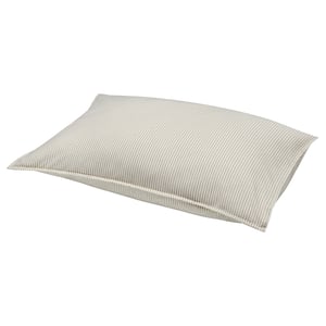 Almofada beige e branca a raias, rectangular, feita de algodón 100% reciclado.