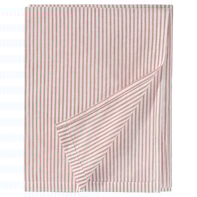 Unha toalla SOLFIBBLA, de raias vermellas e brancas, rectangular, feita de algodón reciclado.
