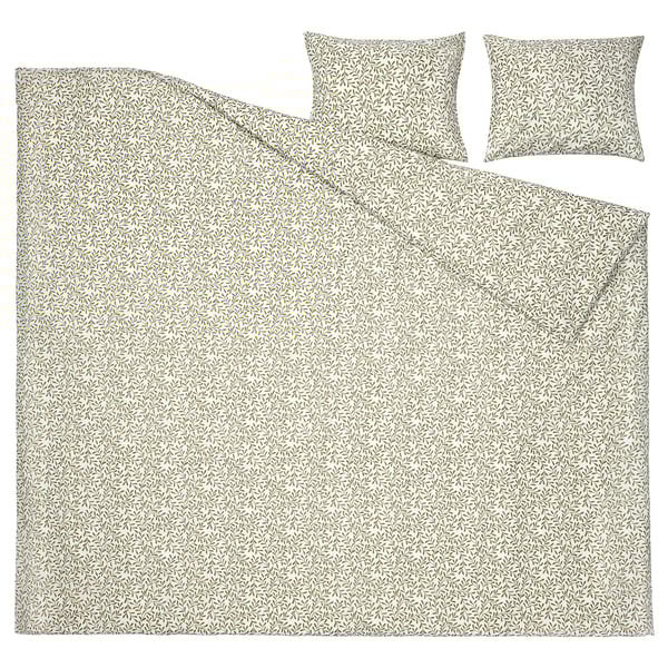 Conxunto de duvetes SORGMANTEL, beige con estampado de folla verde, feito de poliéster reciclado e algodón, rectangular con cremalleira e peches de sobres.