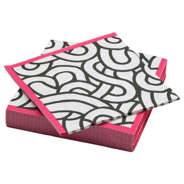 Dúas servilletas brancas de bordo rosa con patróns abstractos negros ben apilados.