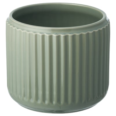 Unha plantadora de cerámica STILREN cilíndrica gris-verde con deseño vertical.