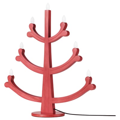 Candelabro vermello STRÅLA con madeira de piñeiro, sete lámpadas led, forma tradicional escandinava. Brillo suave, cálido, decorativo para festas.