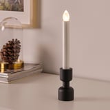 Lámpada de mesa moderna: branca, base negra, luz cálida, funciona por batería.