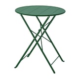 Unha mesa metálica verde, redonda e plegable chamada SUNDSÖ. Ten un deseño sinxelo cun marco robusto e é perfecto para uso ao aire libre.