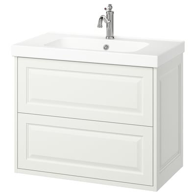 Armario de baño branco TÄNNFORSEN, deseño clásico con bordos biseusos, 2 caixóns amplos, montable na parede.