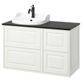 Vaidade branca TÄNNFORSEN: mesa negra, lavabo cerámico, billa negra mate, montado na parede, catro caixóns.