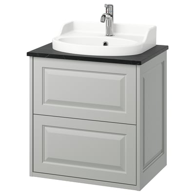 TÄNNFORSEN vaidade gris clara, elegancia clásica, lavabo branco, bordos montados na parede, biseuados.