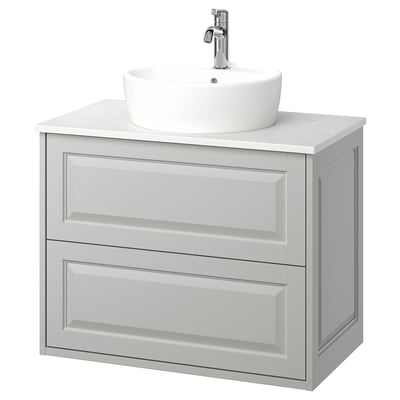 TÄNNFORSEN vaidade de baño gris claro, lavabo redondo, bordos montados na parede, biselados.
