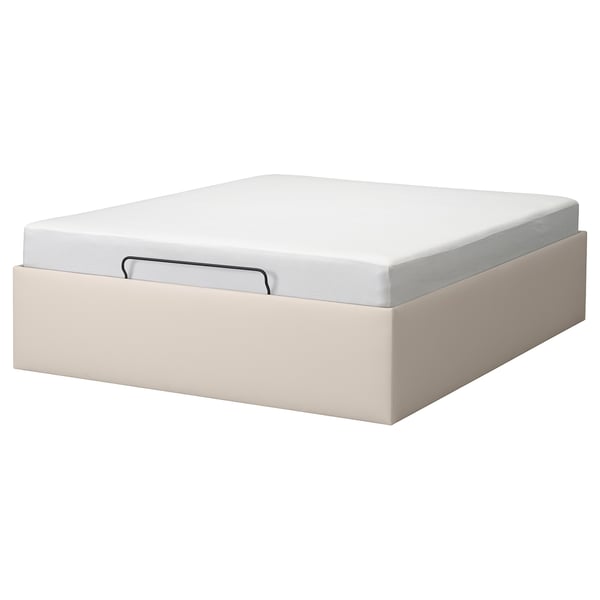 Cama de almacenamento TJÅLLE en beige con colchón branco, forma rectangular, deseño moderno.