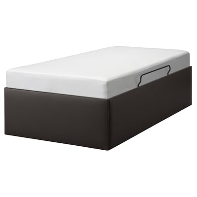 Cama negra TJÅLLE con colchón branco, elegante e de deseño moderno, espazo de almacenamento.