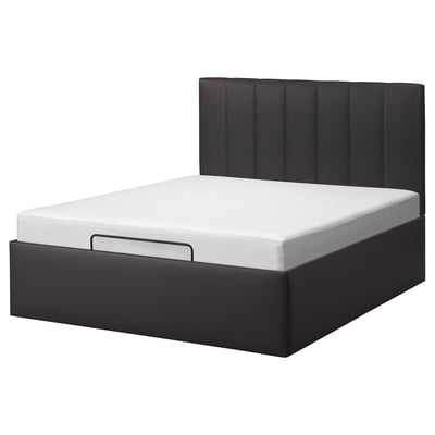 Cama negra moderna con cabeceira acolchada e almacenamento incorporado, deseño elegante.