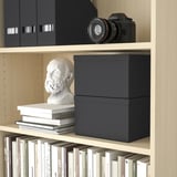 Estante de libraría con cámara, estatua e caixa negra para o almacenamento. Organizado con literatura e accesorios.