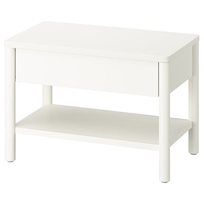 Unha mesa lateral TONSTAD branca con un estante e un caixón, cun deseño cadrado e racionalizado.