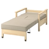 Cama TORNSBORG: marco de madeira clara, coxín beige, deseño sinxelo e funcional.