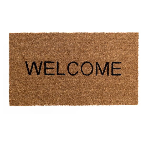 Alfombra de benvida, coir marrón, forma rectangular, letras negras grosas.