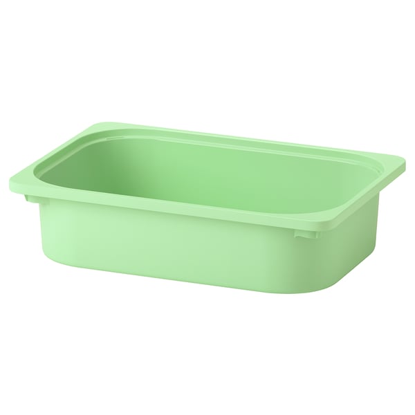 Unha caixa de almacenamento TROFAST verde claro e rectangular feita de plástico reciclado; Adecuado para gardar pequenos obxectos.