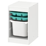 Unha unidade de almacenamento branco TROFAST con bandexas e contedores verdes. Ten estantes abertos, perfectos para que os nenos poidan organizar elementos.