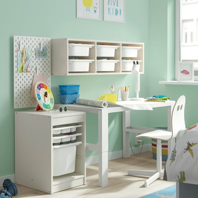 Almacenamento infantil TROFAST: caixas compactas, abertas, caixóns, escritorio, espazo pequeno.