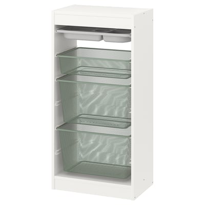 Unidade de almacenamento branca TROFAST con caixóns de malla, ideal para organizar elementos.