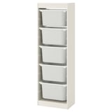 Mostra unha unidade de almacenamento TROFAST branco con cinco caixas de plástico extraíbles, ideal para organizar xoguetes.