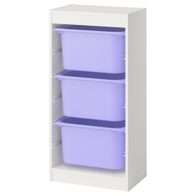 Unidade de almacenamento TROFAST con 3 colectores de plástico de lavanda, marco branco, forma rectangular, deseño modular.