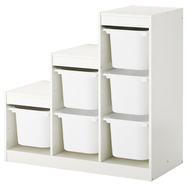 Unidade de almacenamento branco TROFAST infantil con tres estantes e seis colectores, plástico e madeira.