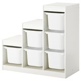 Unidade de almacenamento branco TROFAST infantil con tres estantes e seis colectores, plástico e madeira.