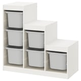Almacenamento IKEA TROFAST, branco, de madeira e plástico, estantes abertos, deseño apilado.