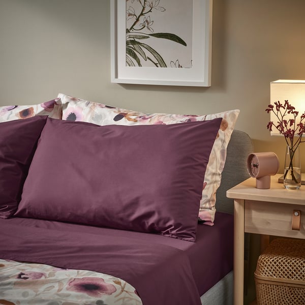 Cama con fundas de almofada púrpura ULLVIDE; Mestura de algodón e lyocell, tamaño medio, deseño sinxelo.