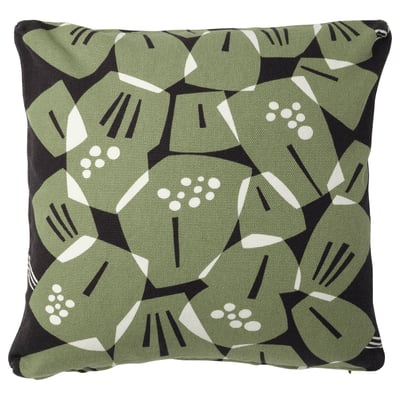 Coxín de bloamma, cadrado, verde / negro, patrón de follas, tecido groso de algodón / jute.