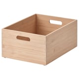 Unha caixa de almacenamento rectangular de bambú con dous mangos, axeitada para organizar utensilios de cociña ou pequenos obxectos, nunha cor natural de madeira.