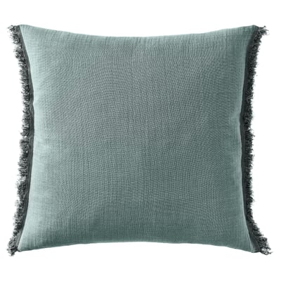 Almofada cadrada con textura tecida verde azul e bordos franxados.