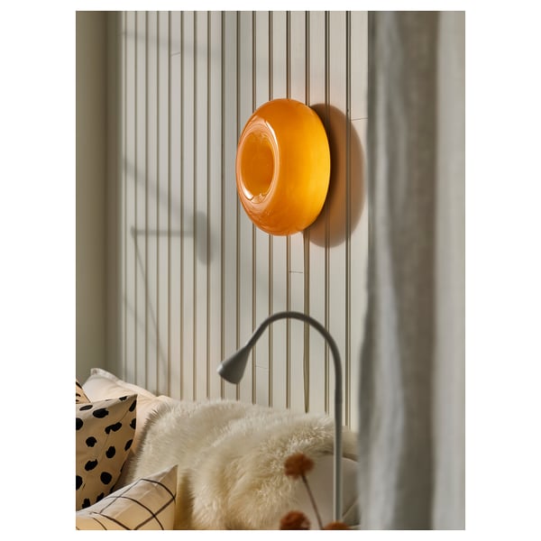 VARMBLIXT Lámpada mesa/parede LED, laranxa vidro/redondo, 30 cm