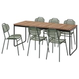 Conxunto de comedor ao aire libre de seis pezas con mesa de madeira e cadeiras metálicas, perfecto para o xardín.