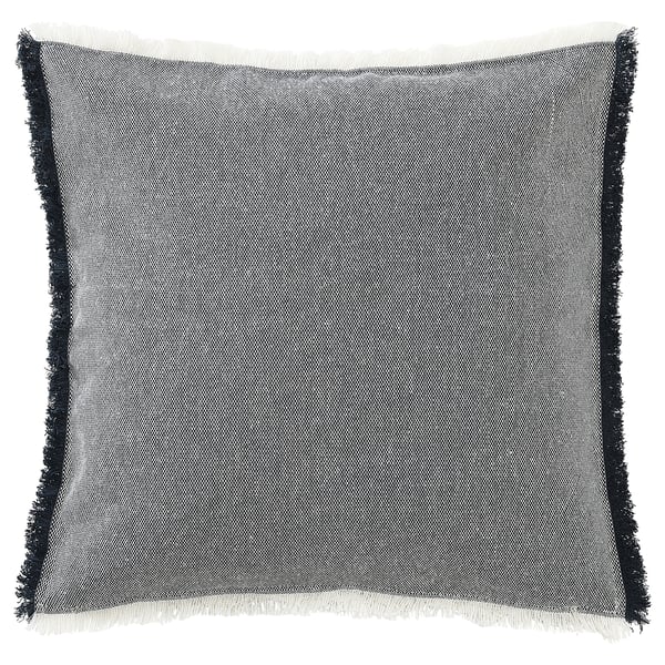 IKEA VÄXELBRUK cuberta de coxín azul escuro e branco. Cadrado, franxa, lado cremalleira, tecido reciclado.