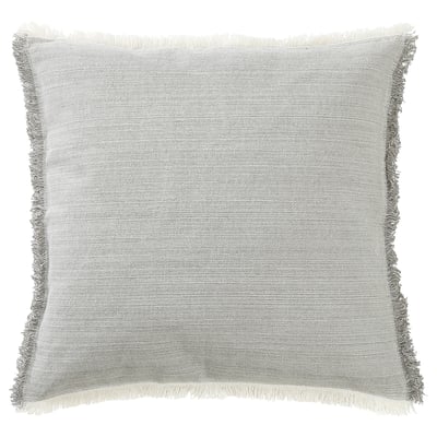 Cuberta de coxín con franxas gris-brancas cadradas con cremalleira, feita con materiais reciclados.