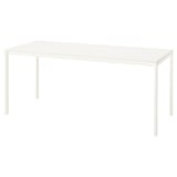 Representa unha mesa rectangular branca VIHALS cun deseño minimalista, cunha parte superior de melamina e unha robusta base de aceiro.