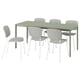 Moderna mesa de comedor VIHALS verde con 4 cadeiras grises e 1 extra, rectangular con liñas limpas. As cadeiras teñen pernas brancas e asentos acolchados.