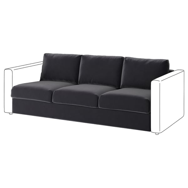 Sofá VIMLE, elegante deseño moderno en veludo gris escuro con forma rectangular minimalista.