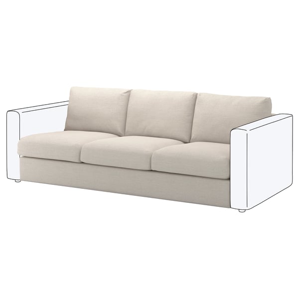 O sofá VIMLE, caracterizado pola súa cor beige, a súa forma rectangular e o seu deseño minimalista. Está cuberto cun tecido resistente e parecido a la.