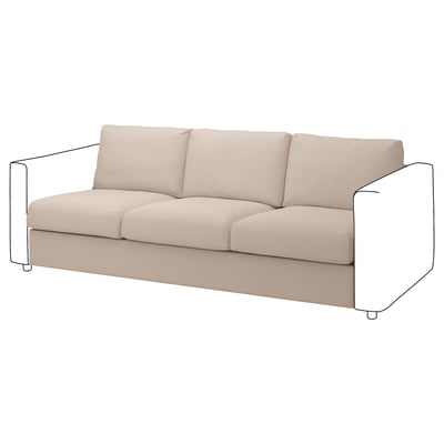 Un sofá VIMLE beige con liñas rectas, tres coxíns e patas metálicas.
