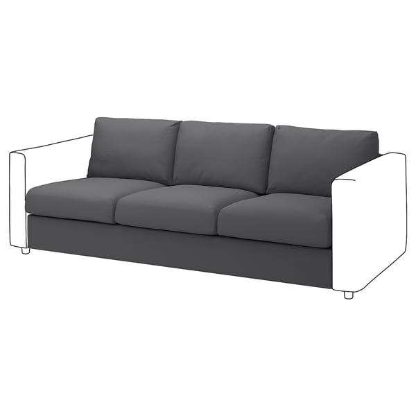 A imaxe mostra un sofá VIMLE en gris escuro, con liñas limpas e un deseño elegante e moderno. O seu acolchado e cómodo, ideal para salas de estar.