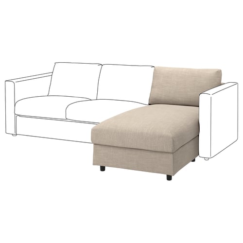 Representa un sofá VIMLE beige cunha chaise de almacenamento. O seu deseño moderno é unha cuberta de tecido extraíble e lavable na máquina.