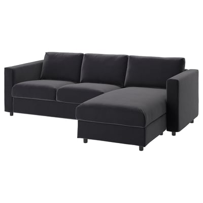 Sofá seccional VIMLE en gris escuro con chaise. Deseño moderno, tapicería de veludo, deseño versátil.